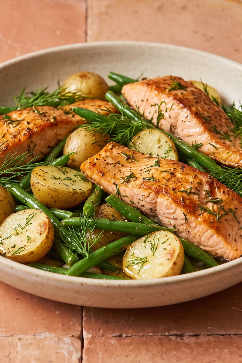 Salmon, Dill & Potato Sheet-pan Salad - Roasted salmon, baby potatoes and green beans tumbled warm into a mustard-dill dressing