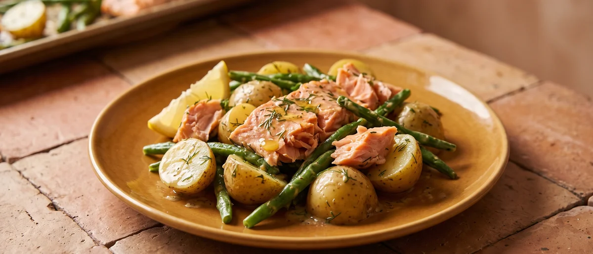 Salmon, Dill & Potato Sheet-pan Salad - Roasted salmon, baby potatoes and green beans tumbled warm into a mustard-dill dressing