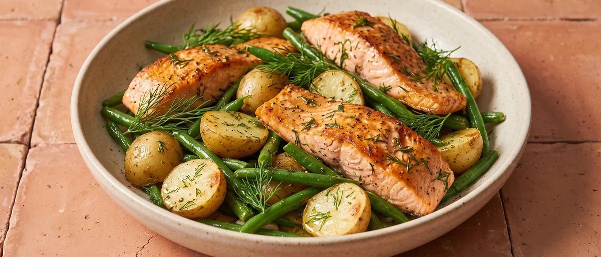 Salmon, Dill & Potato Sheet-pan Salad - Roasted salmon, baby potatoes and green beans tumbled warm into a mustard-dill dressing