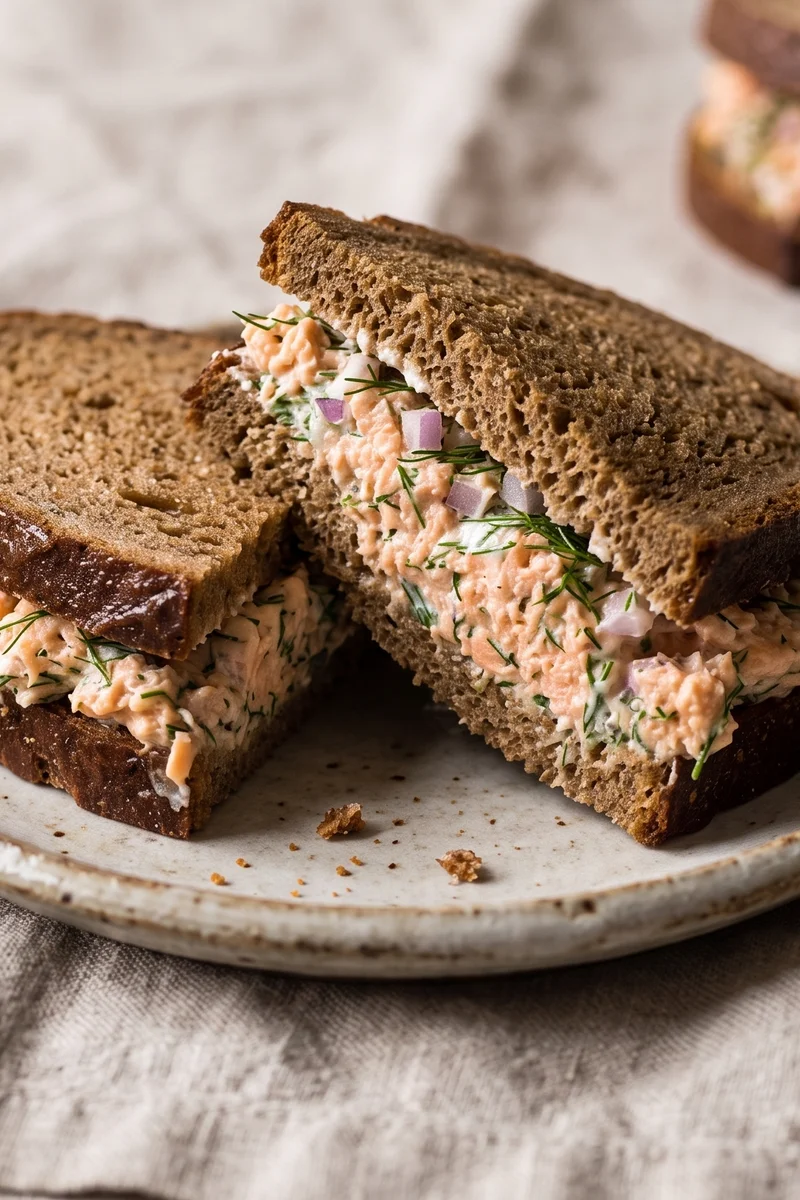 Salmon Salad Sandwich on Rye - Tinned salmon mashed with yogurt and dill on dark rye