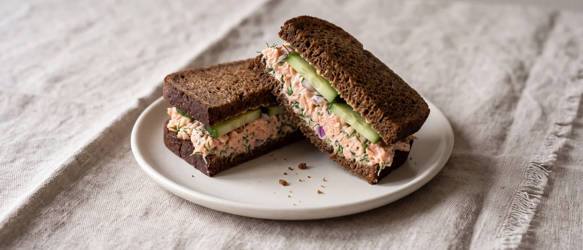 Salmon Salad Sandwich on Rye - Canned salmon mashed with yogurt and dill on dark rye