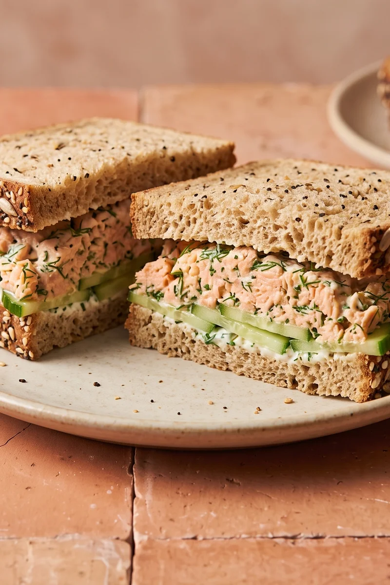 Salmon Salad Sandwich on Seeded Bread - Tinned salmon mashed with yogurt, lemon and dill, piled on seeded bread with cucumber