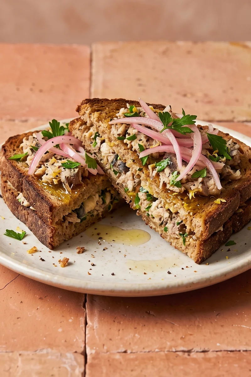 Sardine & Lemon Butter Toast Plates - Hot toast with lemon-butter mashed sardines, quick pickled onion and parsley