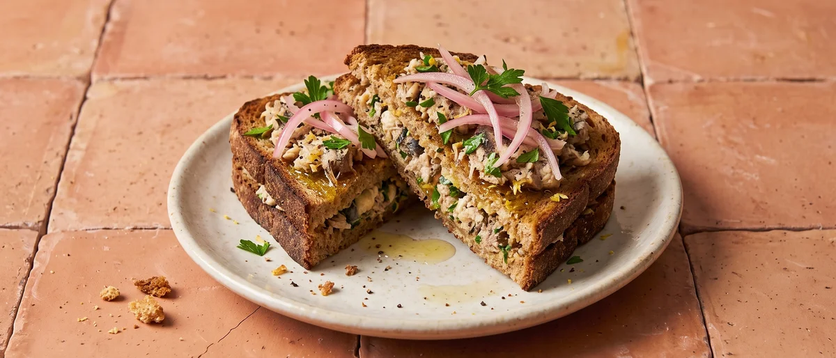 Sardine & Lemon Butter Toast Plates - Hot toast with lemon-butter mashed sardines, quick pickled onion and parsley