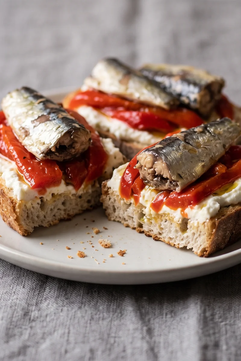 Sardine & Roasted Pepper Toasts with Whipped Feta - Whipped feta toast layered with jarred roasted peppers and sardines