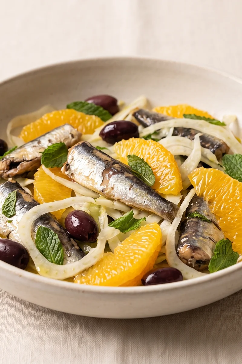 Sardine, Fennel & Orange Salad - Shaved fennel and orange segments with sardines, olives and mint