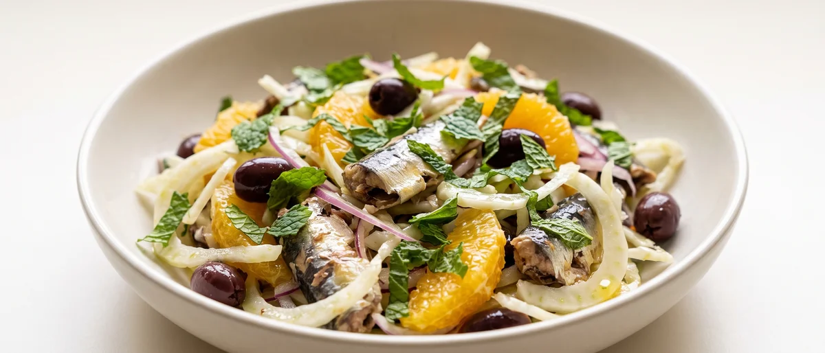 Sardine, Fennel & Orange Salad - Shaved fennel and orange segments with sardines, olives and mint