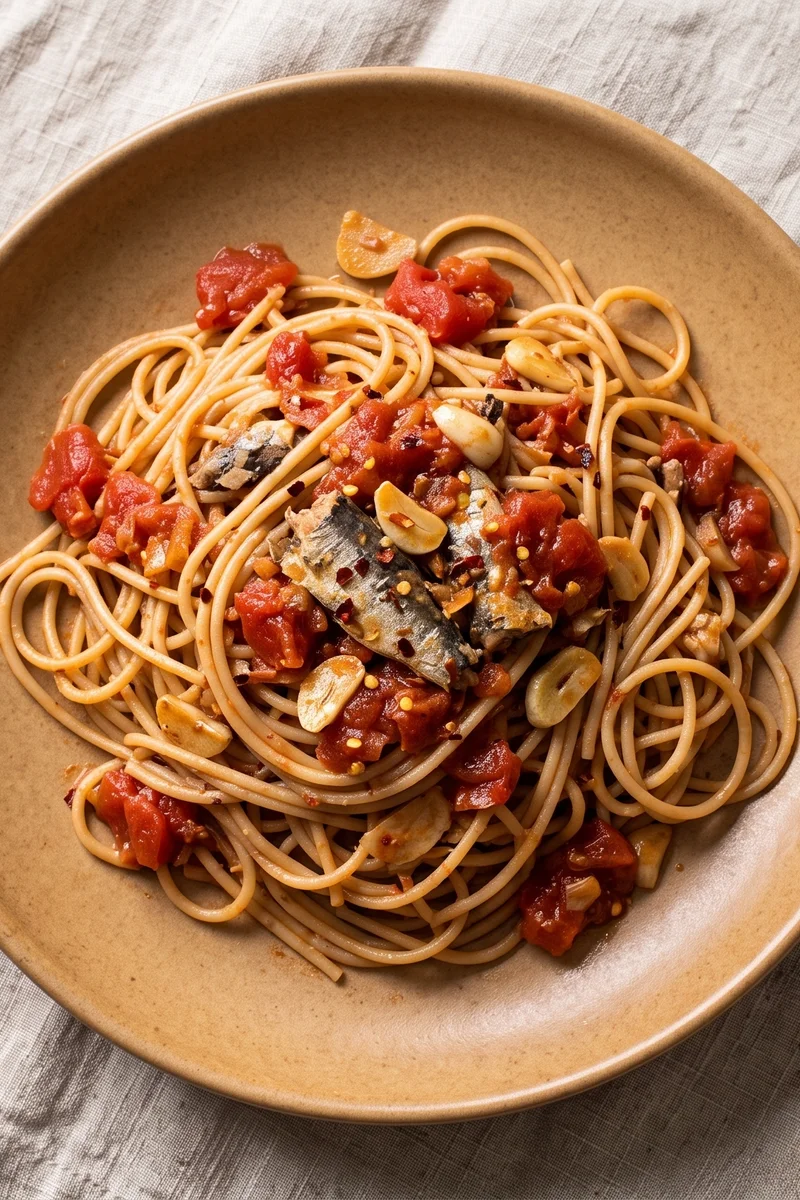 Sardine Puttanesca with Whole-wheat Spaghetti - A punchy pantry puttanesca where sardines melt into tomatoes, olives and capers
