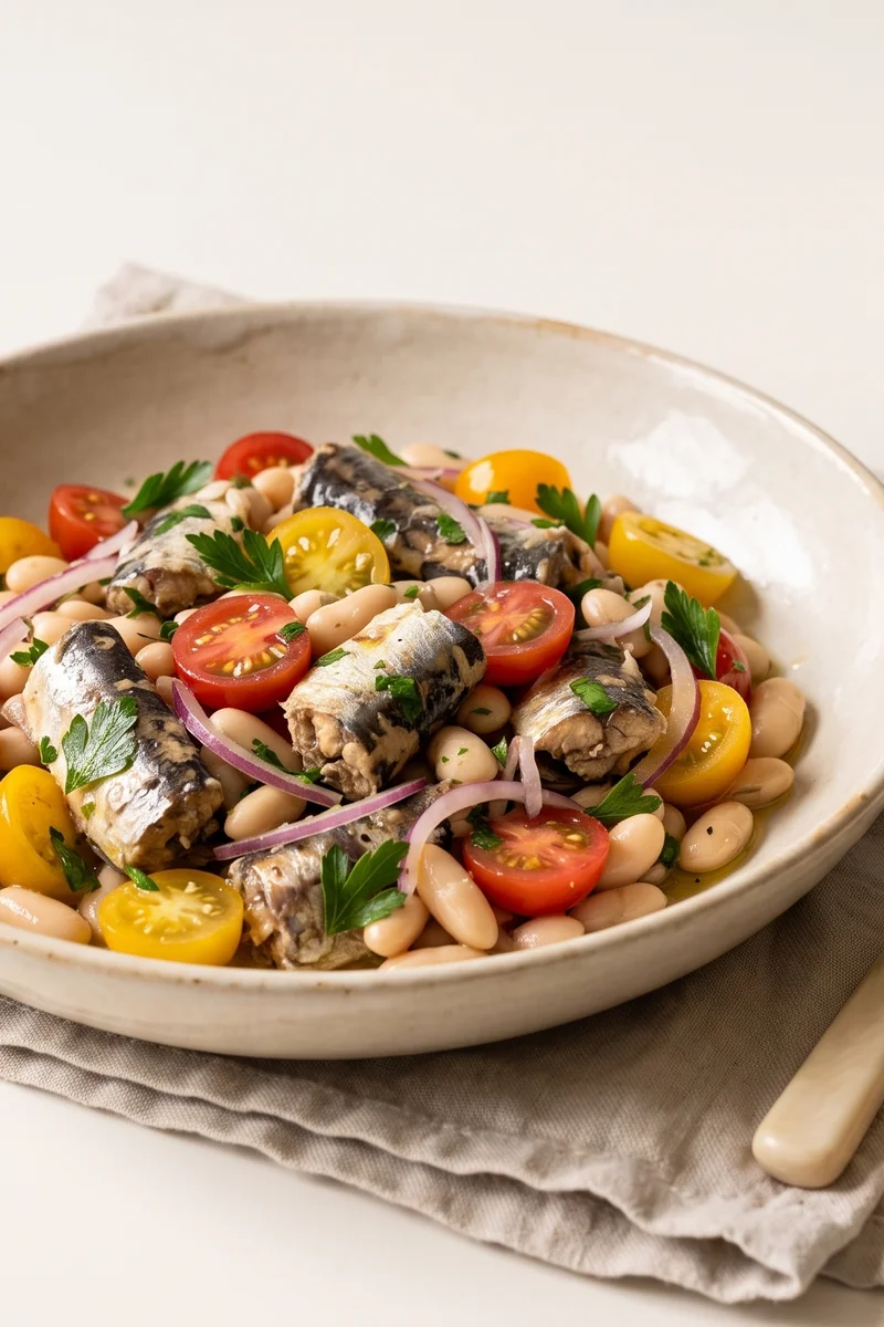 Sardine, Tomato & White Bean Salad - A no-cook Italian pantry salad of sardines, white beans and tomatoes with lemon and parsley