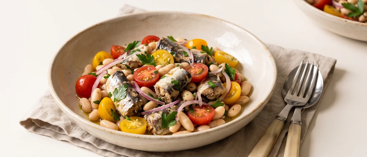 Sardine, Tomato & White Bean Salad - A no-cook Italian pantry salad of sardines, white beans and tomatoes with lemon and parsley