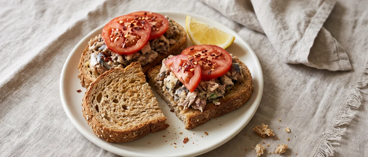 Sardines on Toast with Tomato & Lemon - Canned sardines mashed with lemon and piled on hot toast with juicy tomatoes