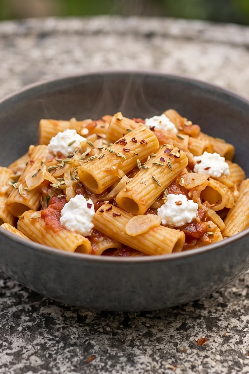 Sausage-Free Rigatoni with Fennel, Chili & Ricotta - Rigatoni in a fennel-seed and tomato sauce with ricotta dollops