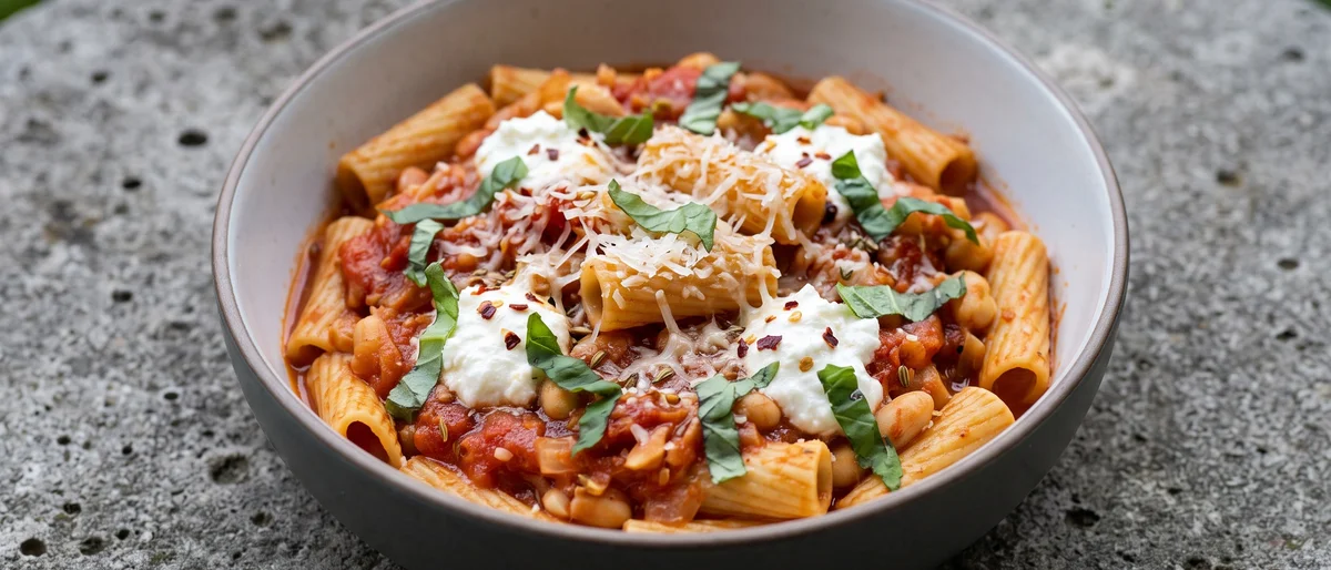 Sausage-Free Rigatoni with Fennel, Chili & Ricotta - Rigatoni in a fennel-seed and tomato sauce with ricotta dollops