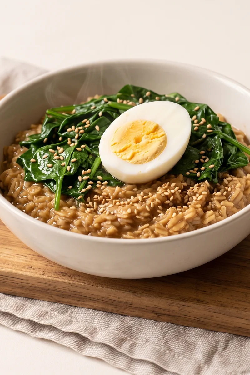 Savory Miso Oats with Fully-Set Egg & Greens - Silky savory oats stirred with miso, topped with wilted greens, a fully-cooked egg and sesame