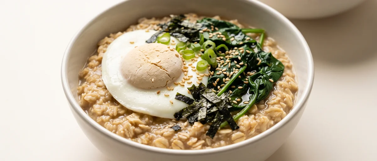 Savory Miso Oats with Fully-Set Egg & Greens - Silky savory oats stirred with miso, topped with wilted greens, a fully-cooked egg and sesame