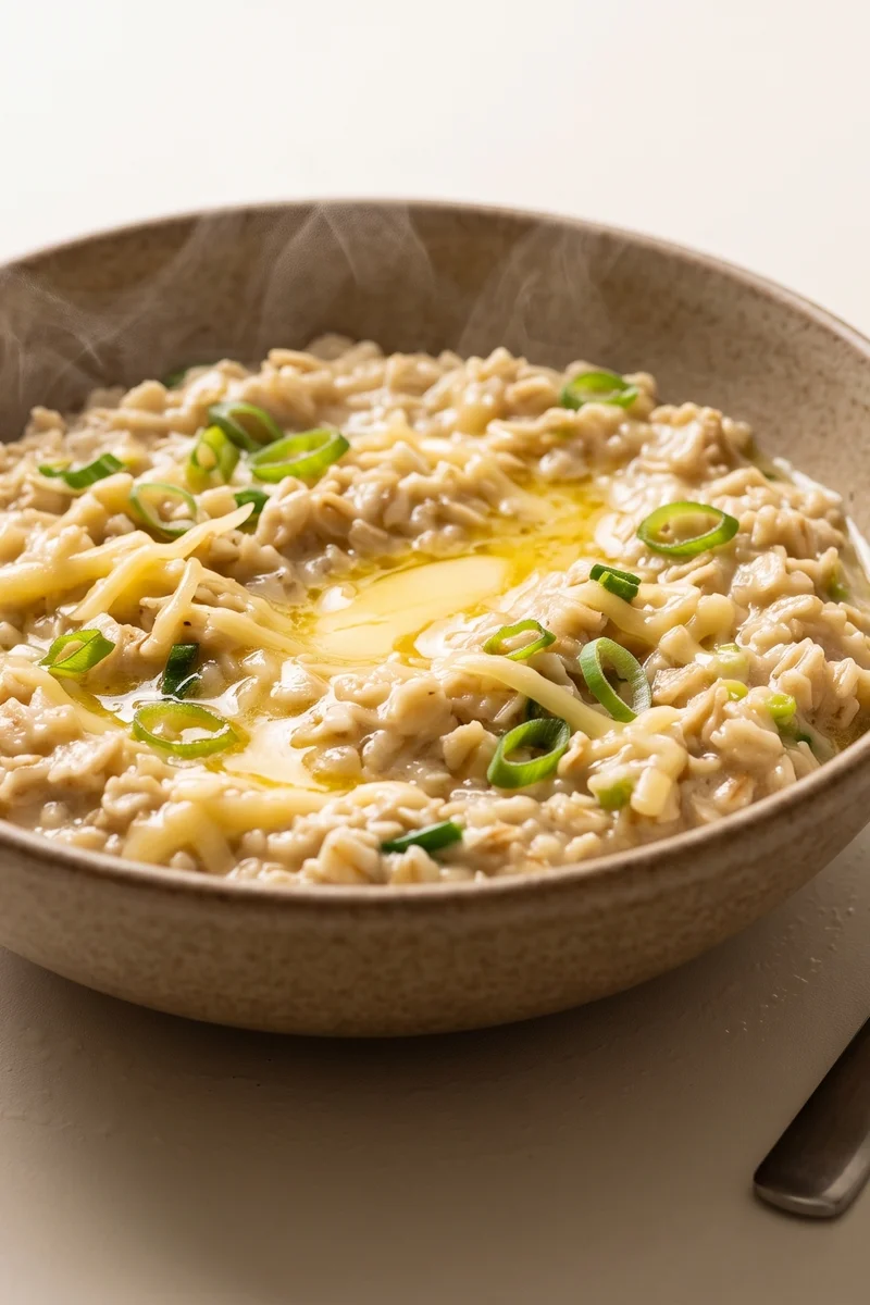 Savory Oatmeal with Cheddar & Scallion - Oats gone savory: cooked in stock, loaded with cheddar and scallion, finished with a little butter