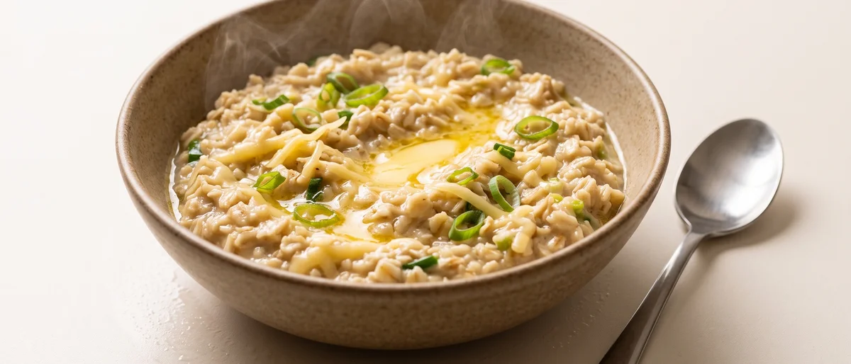 Savory Oatmeal with Cheddar & Scallion - Oats gone savory: cooked in stock, loaded with cheddar and scallion, finished with a little butter