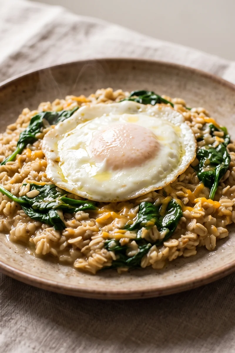 Savory Oatmeal with Spinach, Egg & Cheddar - Oats cooked like risotto with spinach and sharp cheddar, topped with a fully-set fried egg