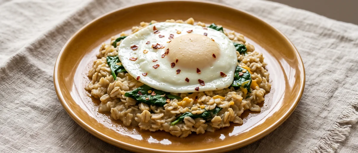 Savory Oatmeal with Spinach, Egg & Cheddar - Oats cooked like risotto with spinach and sharp cheddar, topped with a fully-set fried egg