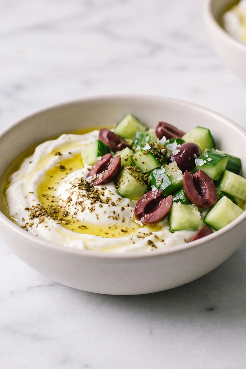 Savory Yogurt Bowl with Cucumber, Olive & Za'atar - Thick yogurt swirled with olive oil under cucumber, olives and za'atar
