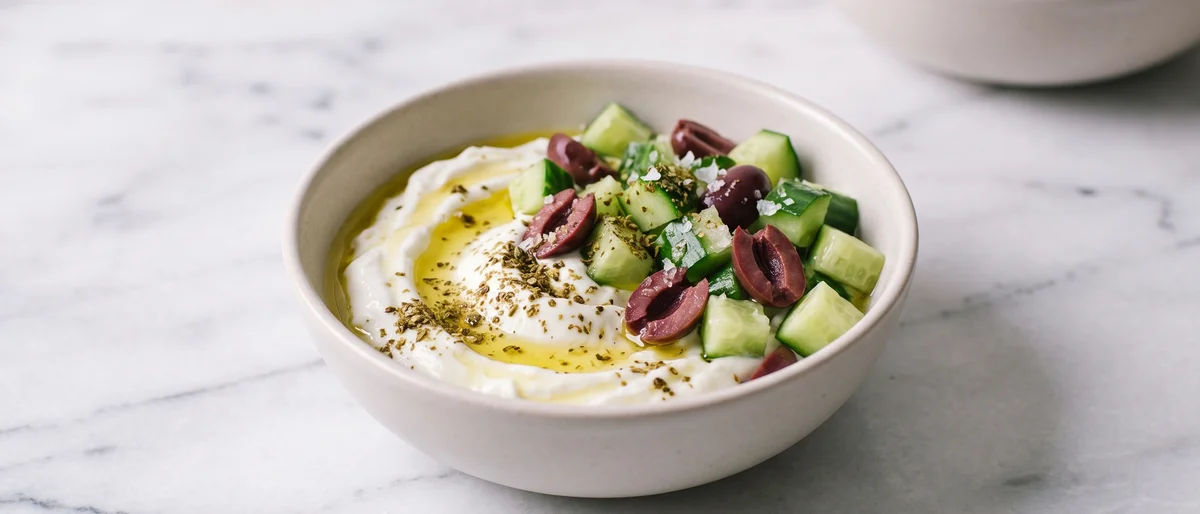 Savory Yogurt Bowl with Cucumber, Olive & Za'atar - Thick yogurt swirled with olive oil under cucumber, olives and za'atar