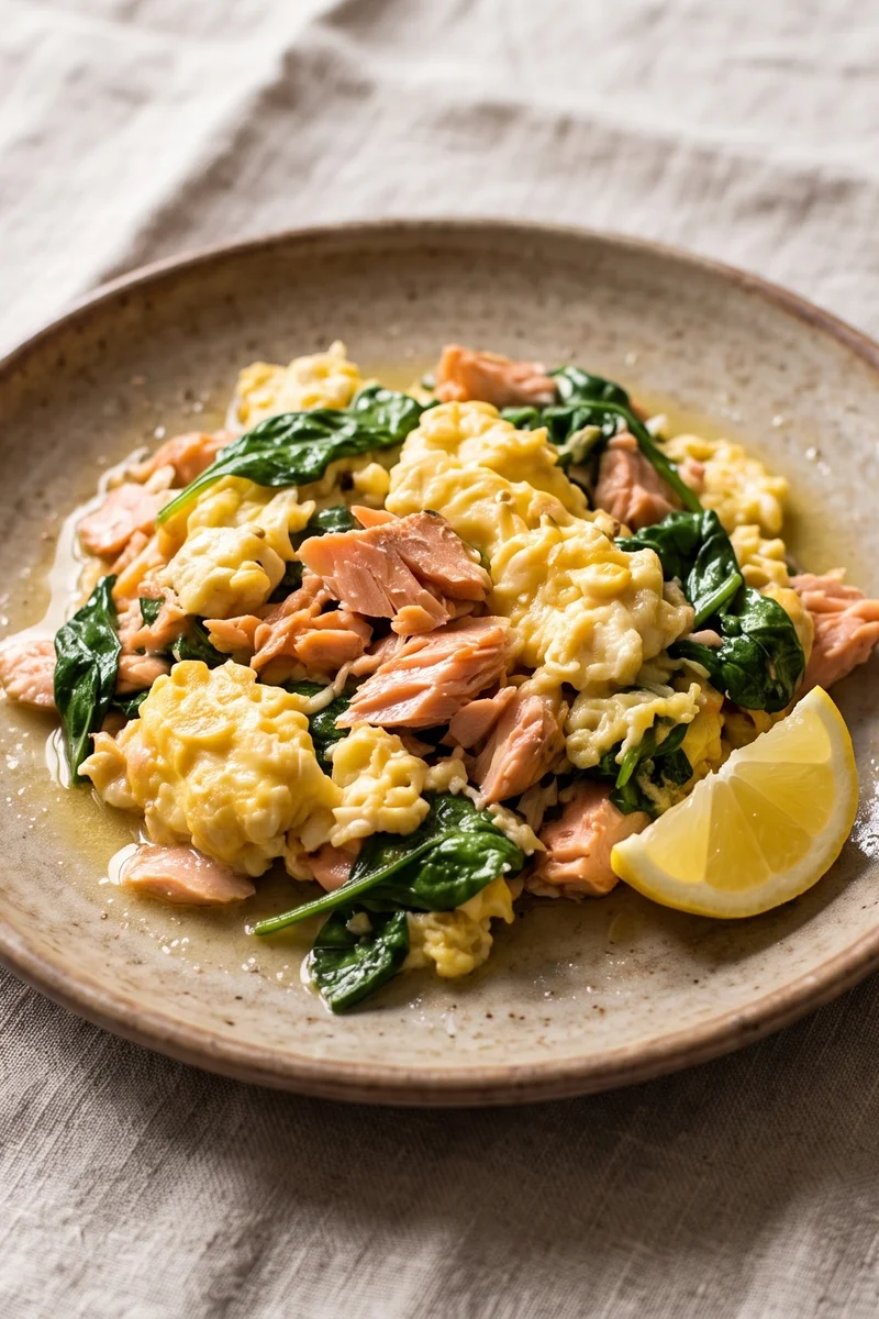 Scrambled Eggs with Hot-Smoked Salmon & Greens - Fully cooked salmon and firm scrambled eggs