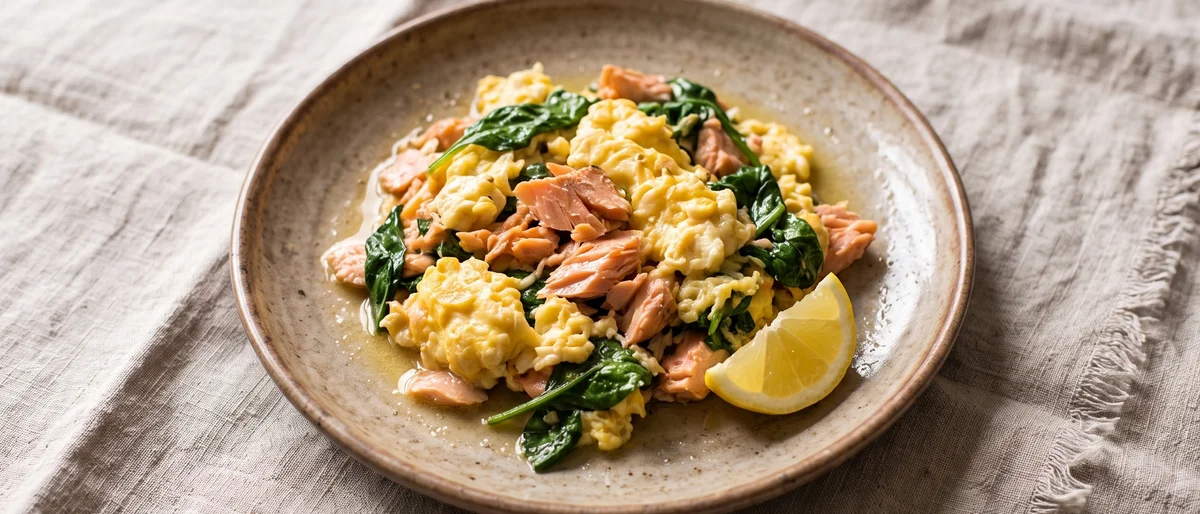 Scrambled Eggs with Hot-Smoked Salmon & Greens - Fully cooked salmon and firm scrambled eggs