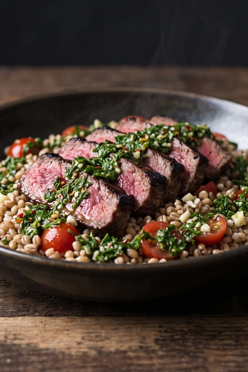 Seared Steak & Chimichurri Grain Salad - Sliced seared steak over a barley and tomato salad drowned in punchy chimichurri