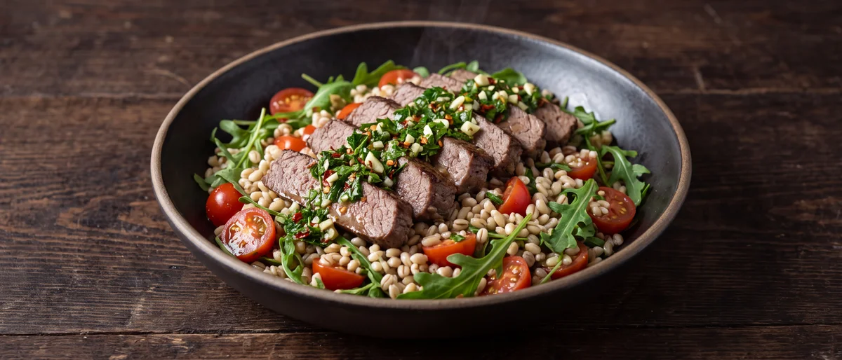 Seared Steak & Chimichurri Grain Salad - Sliced seared steak over a barley and tomato salad drowned in punchy chimichurri