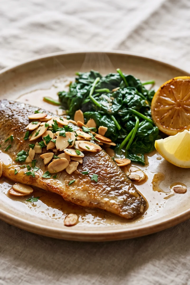 Seared Trout with Brown Butter, Almonds & Greens - Crisp-skinned trout in nutty brown butter with almonds, lemon and wilted spinach