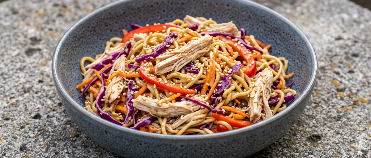 Sesame Chicken & Rainbow Slaw Noodle Bowls - Layered lunch bowls of sesame noodles, shredded chicken and rainbow slaw