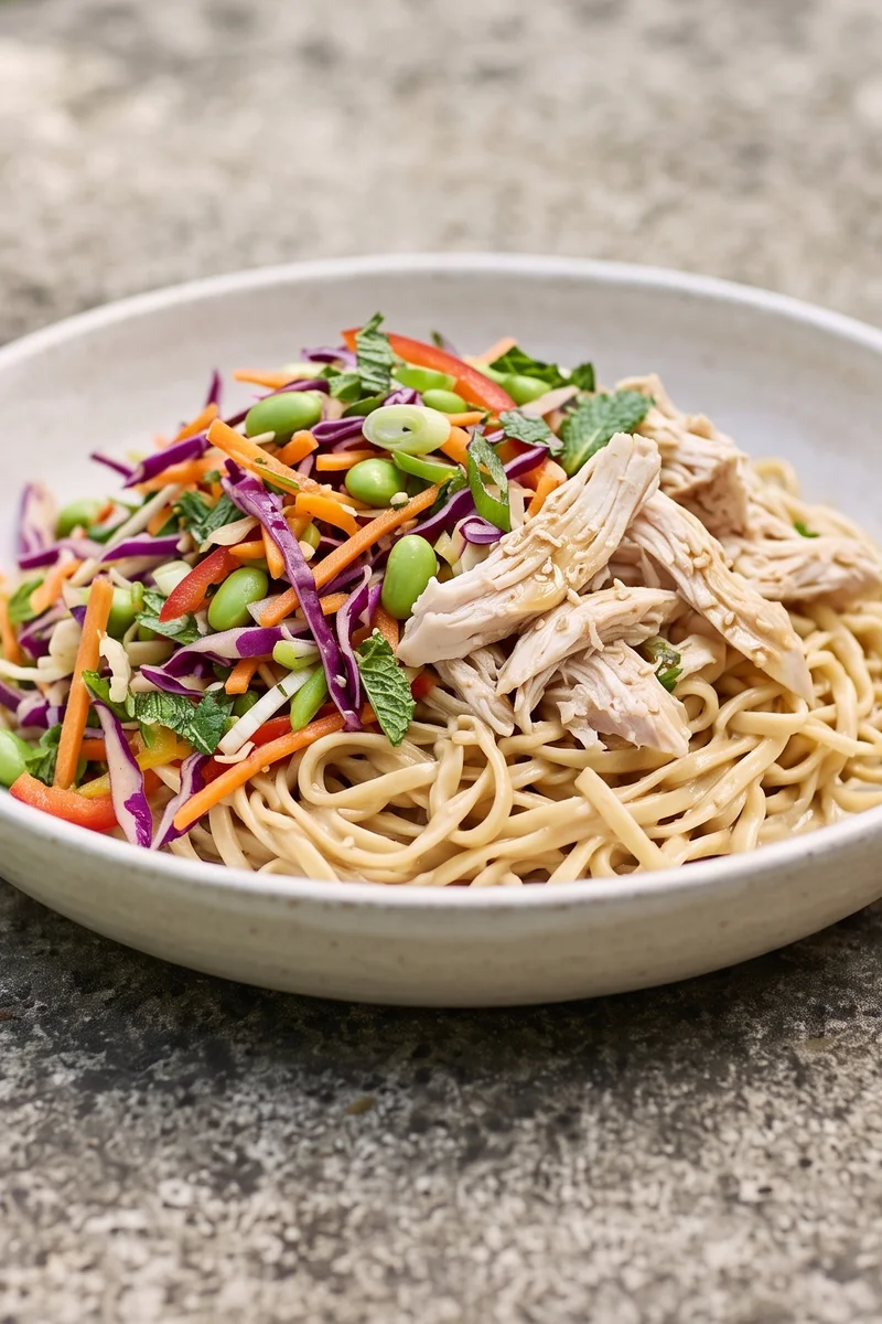 Sesame Chicken & Rainbow Slaw Noodle Jars - Layered lunch jars of sesame noodles, shredded chicken and rainbow slaw
