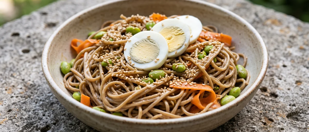 Sesame Soba Bowl with Edamame & Egg - Cold sesame noodles with edamame and a firm boiled egg