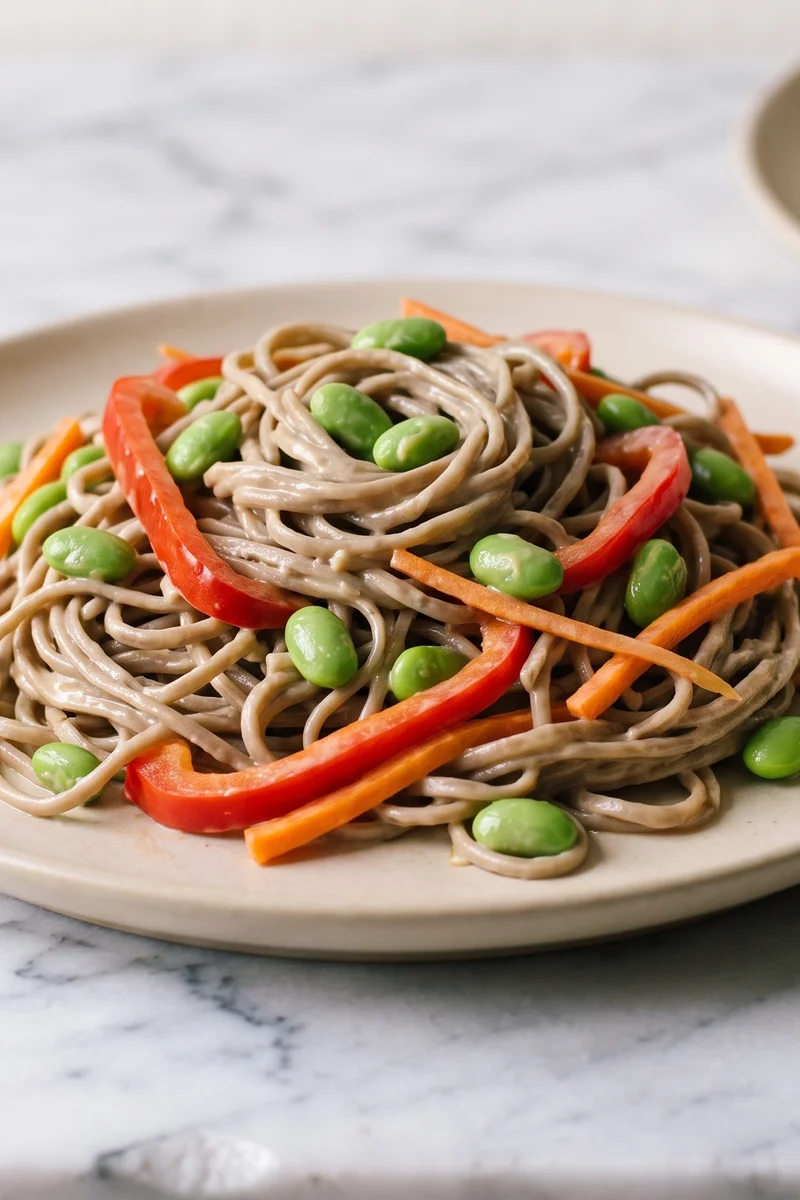Sesame Soba with Edamame & Rainbow Veg - Chilled soba noodles with edamame, peppers and carrots in a creamy sesame dressing