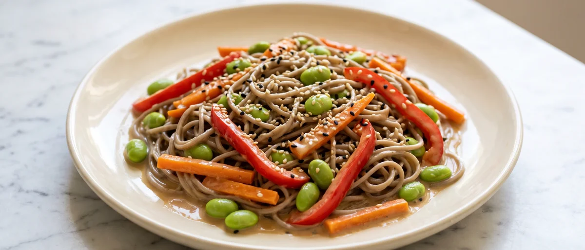 Sesame Soba with Edamame & Rainbow Veg - Chilled soba noodles with edamame, peppers and carrots in a creamy sesame dressing