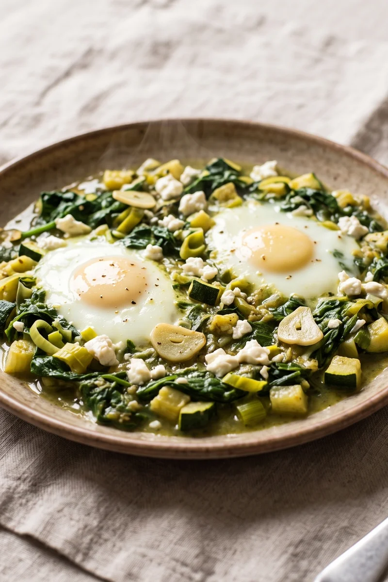 Shakshuka Verde with Feta - Eggs set in a gently spiced green sauce of spinach, zucchini and herbs with feta