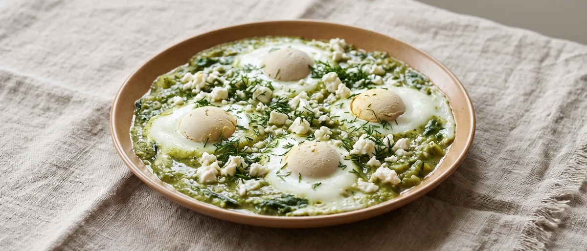 Shakshuka Verde with Feta - Eggs set in a gently spiced green sauce of spinach, zucchini and herbs with feta