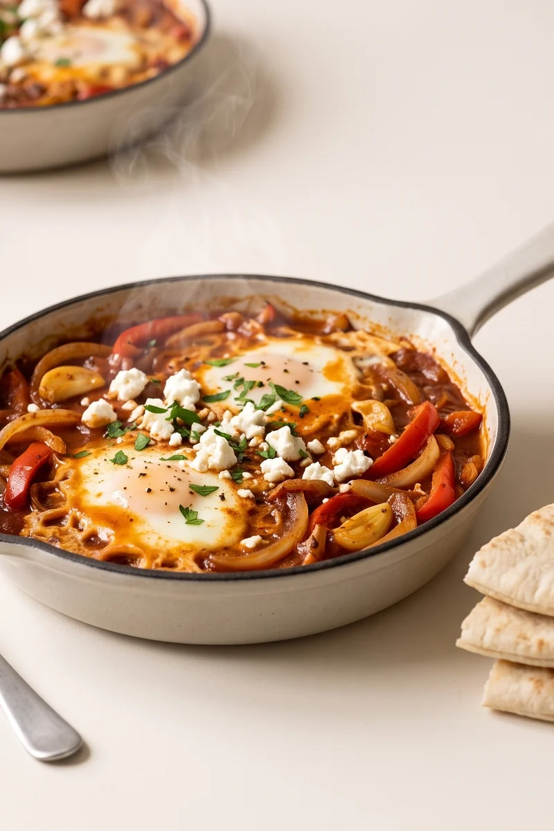 Shakshuka with Feta & Warm Pitas - Eggs simmered in a smoky pepper-tomato sauce with feta and pitas for scooping
