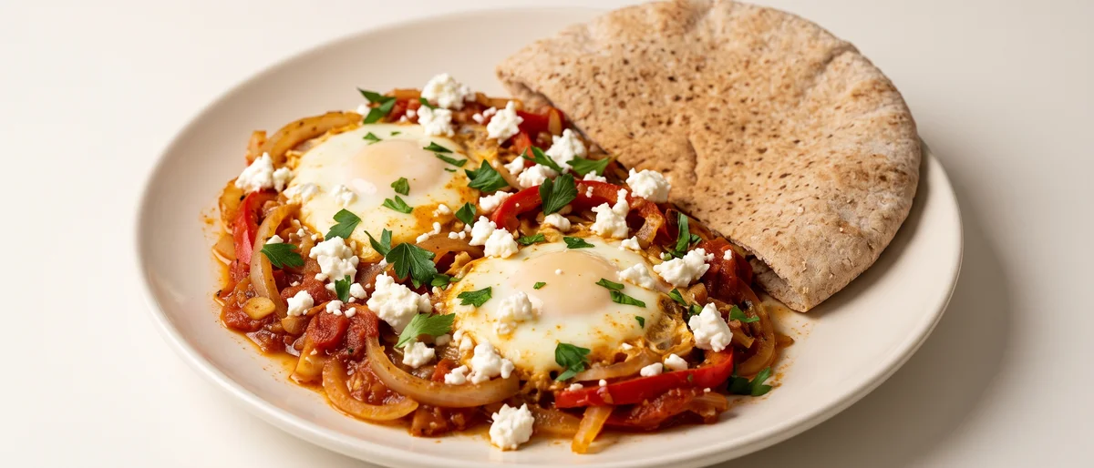Shakshuka with Feta & Warm Pitas - Eggs simmered in a smoky pepper-tomato sauce with feta and pitas for scooping