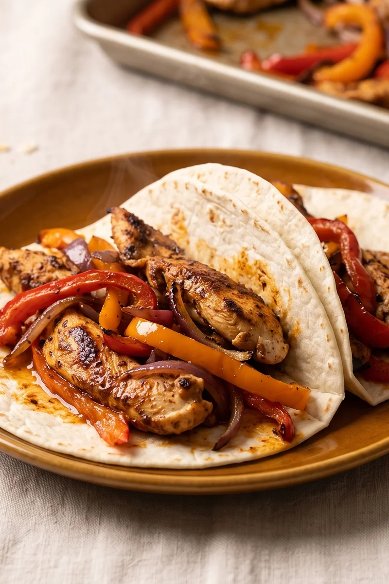 Sheet Pan Chicken Fajitas - Chicken, peppers and onions roasted on one tray with smoky spices, piled into warm tortillas