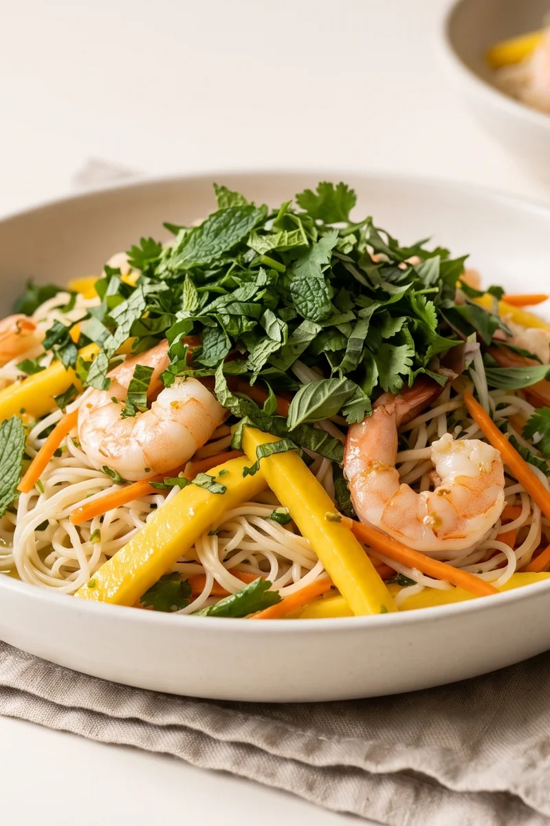 Shrimp & Mango Noodle Salad with Lime - Rice noodles, cooked shrimp and mango in a lime-chili dressing with a mountain of herbs