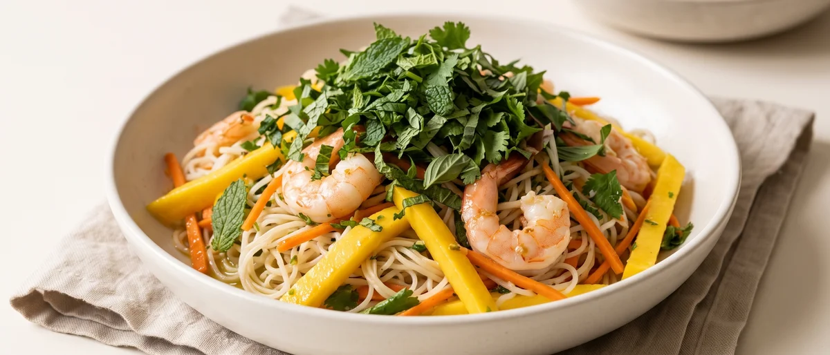 Shrimp & Mango Noodle Salad with Lime - Rice noodles, cooked shrimp and mango in a lime-chili dressing with a mountain of herbs