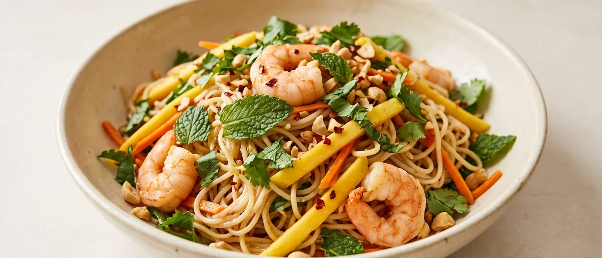 Shrimp & Mango Noodle Salad with Lime - Rice noodles, cooked shrimp and mango in a lime-chili dressing with a mountain of herbs