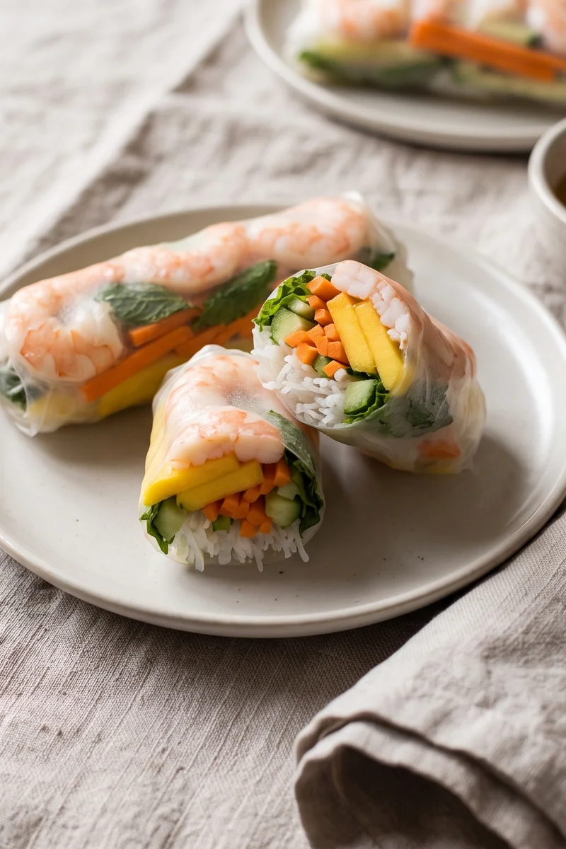 Shrimp & Mango Rice Paper Rolls - Fresh rice paper rolls of cooked shrimp, mango, carrot and mint with a lime-peanut dip