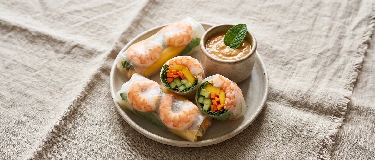 Shrimp & Mango Rice Paper Rolls - Fresh rice paper rolls of cooked shrimp, mango, carrot and mint with a lime-peanut dip