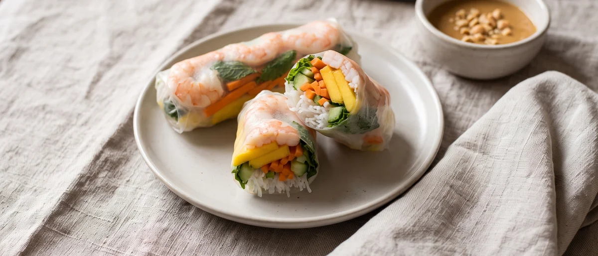 Shrimp & Mango Rice Paper Rolls - Fresh rice paper rolls of cooked shrimp, mango, carrot and mint with a lime-peanut dip