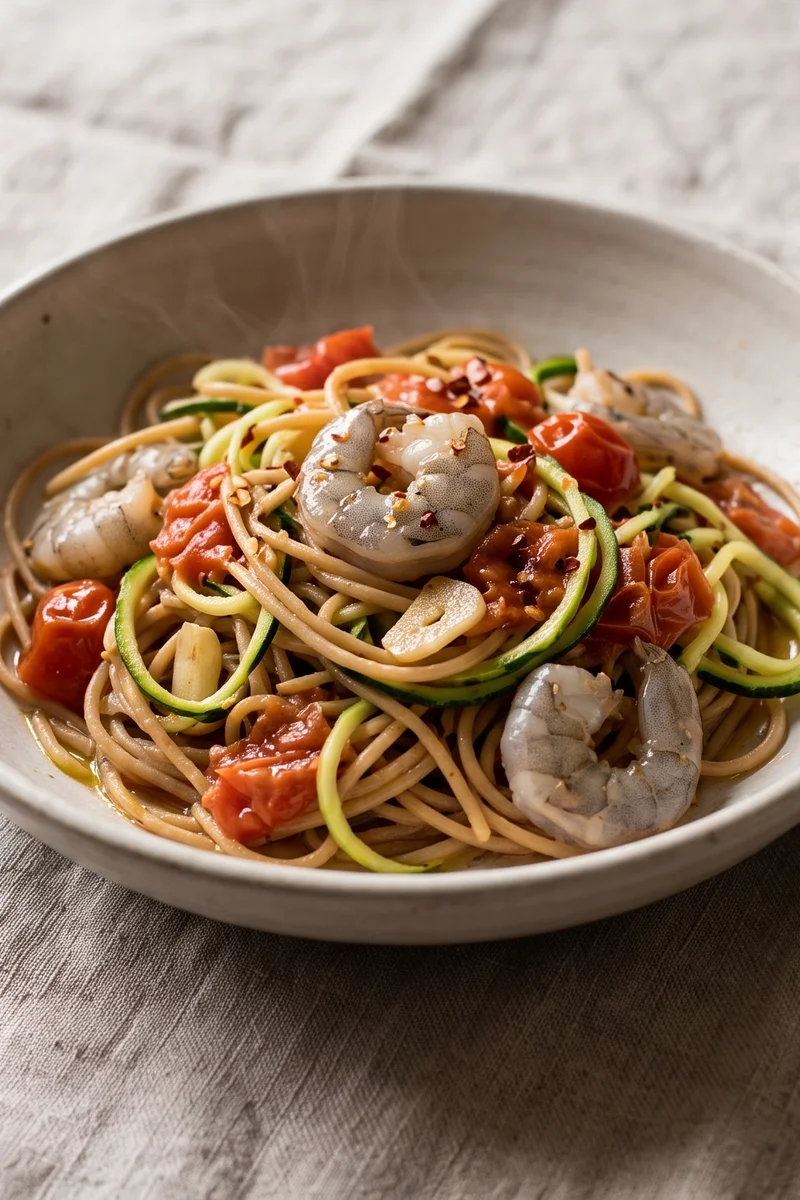 Shrimp & Tomato Zucchini Noodles with Whole-wheat Spaghetti - Garlicky shrimp in a quick cherry tomato sauce over half spaghetti, half zucchini ribbons