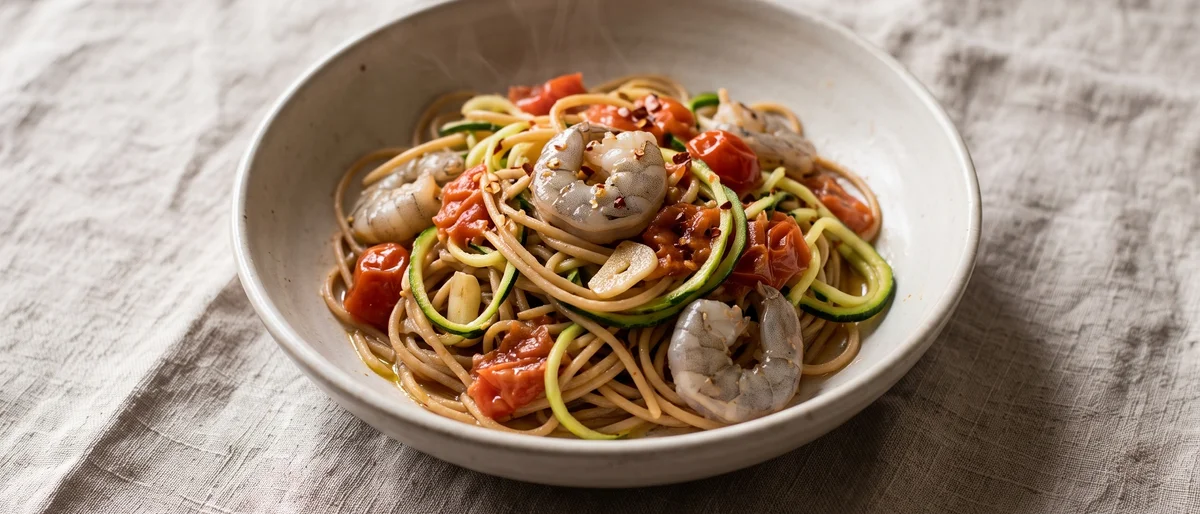 Shrimp & Tomato Zucchini Noodles with Whole-wheat Spaghetti - Garlicky shrimp in a quick cherry tomato sauce over half spaghetti, half zucchini ribbons