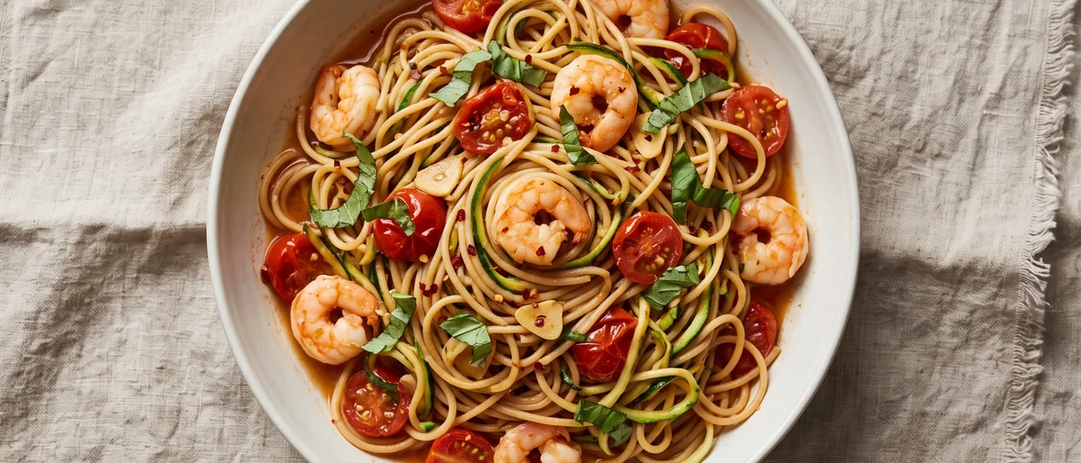 Shrimp & Tomato Zucchini Noodles with Whole-wheat Spaghetti - Garlicky shrimp in a quick cherry tomato sauce over half spaghetti, half zucchini ribbons