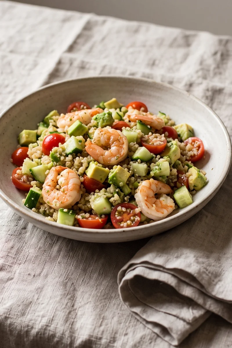 Shrimp, Avocado & Quinoa Salad with Lime - Cooked shrimp over herby quinoa with avocado, cucumber and a punchy lime dressing